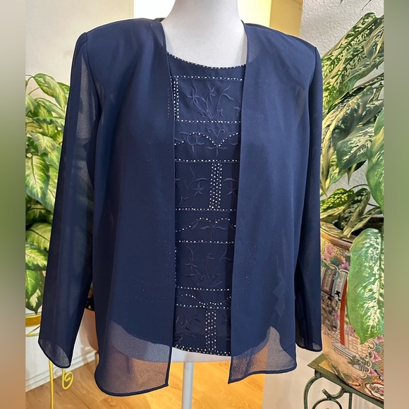 R & M Richards 3pcs navy blue beaded formal blouse/pants suit site 6/petite - Picture 5 of 12